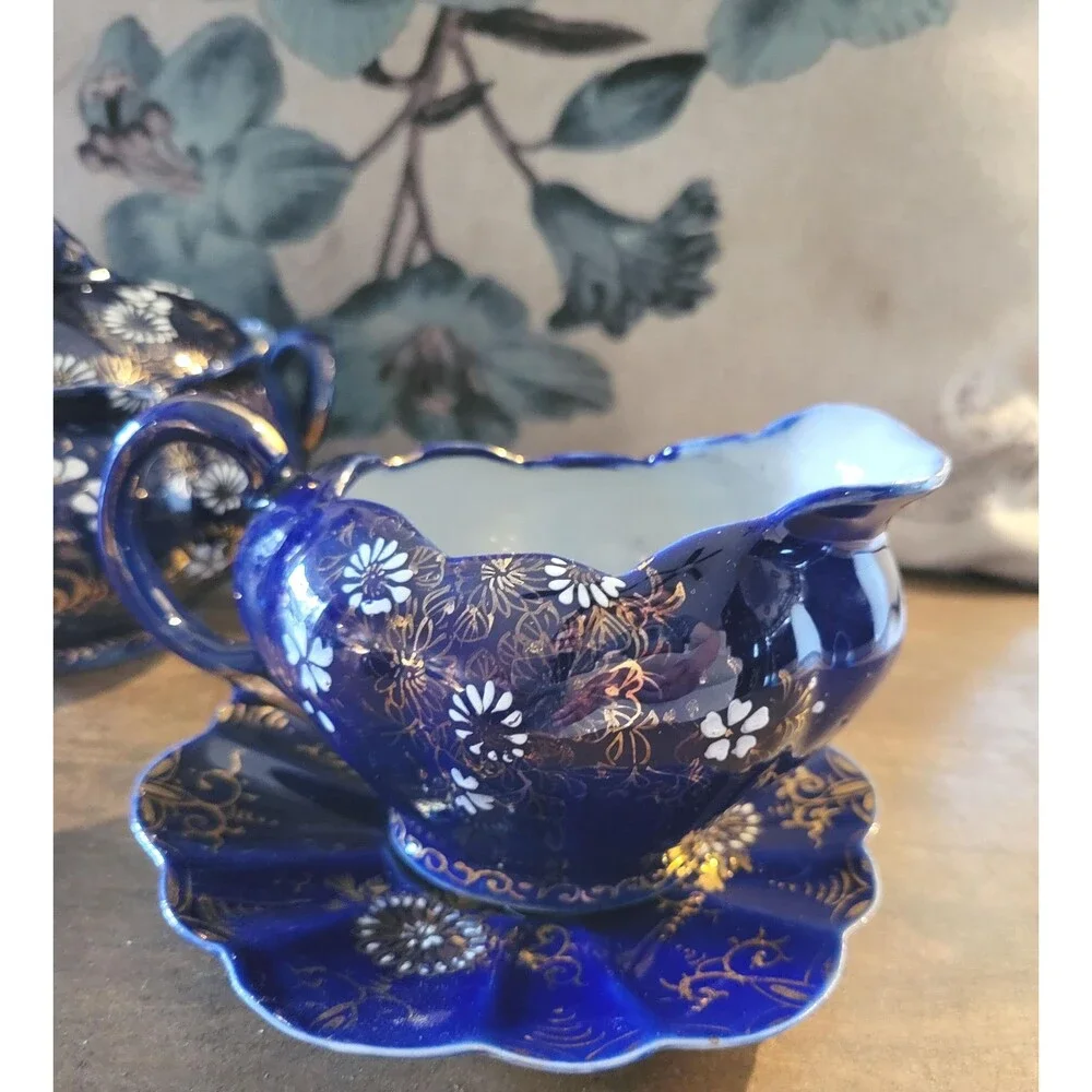 Chrysanthemum Cobalt Blue Porcelain Creamer & Sugar Set – Gold Accents